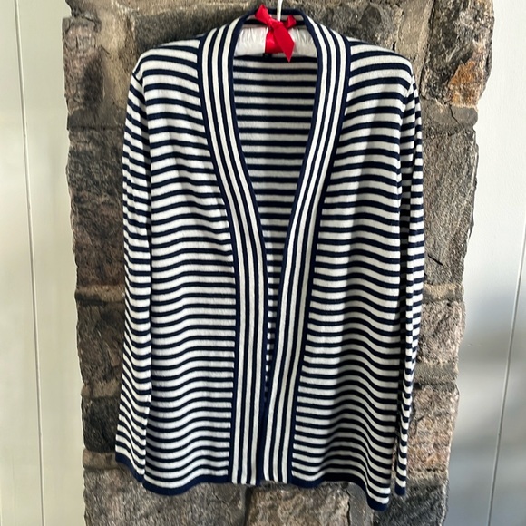 SIZE MP TALBOTS NAVY & WHITE STRIPED V-NECK CARDIGAN - Picture 1 of 4